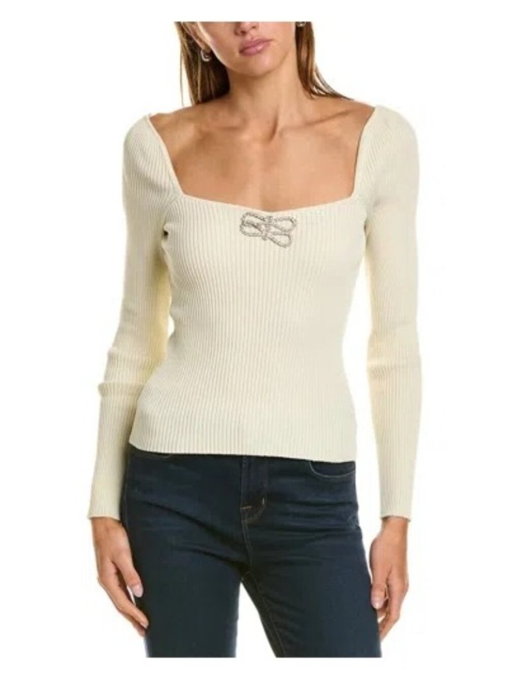 The Workshop Top Size Medium Ribbed Long Sleeve Crystal Bow Embellished Cozy NEW